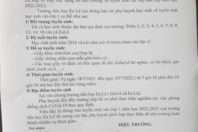 Thông báo tuyển sinh vào lớp 1 năm học 2022-2023